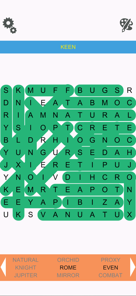 Word Search Epic - A clean word search puzzle grid with several words highlighted in green
