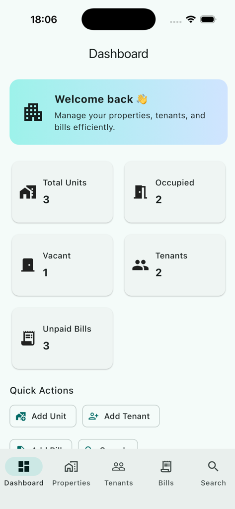 SmartCart App-Dashboard mit Übersicht über Mieteinheiten, Belegung, Mieter und unbezahlte Rechnungen