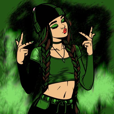 realistic teenage girl with braids and a beanie and crop top doing 🫶🏼