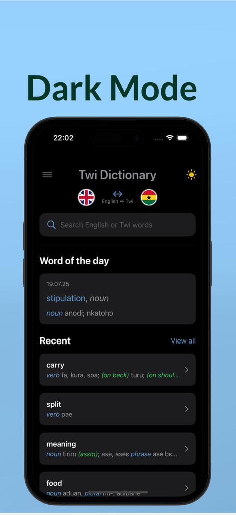 The Twi Dictionary app interface displayed in dark mode showcasing English to Twi translation and the word of the day