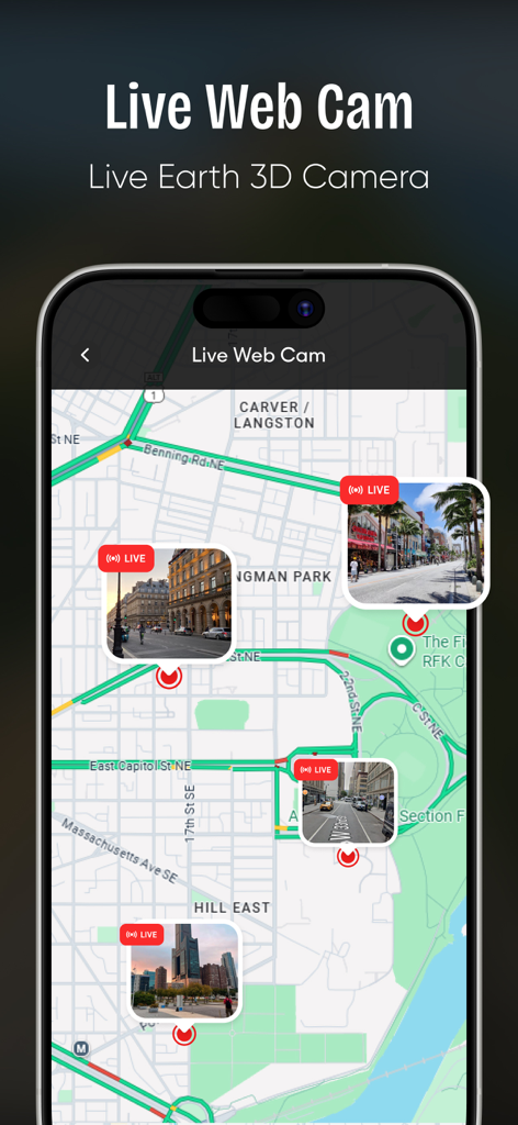 Live Earth Camera Street View - A city map interface showing several live web camera thumbnails from different street locations.
