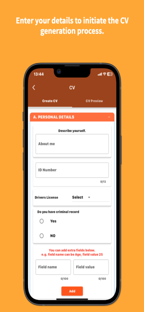 Zapp83 mobile app interface showing the personal details form for creating a professional CV.