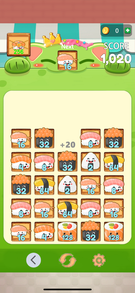 Bump Comba:Sushi - Una pantalla de juego de rompecabezas casual con bloques de sushi numerados en una cuadrícula para fusionar