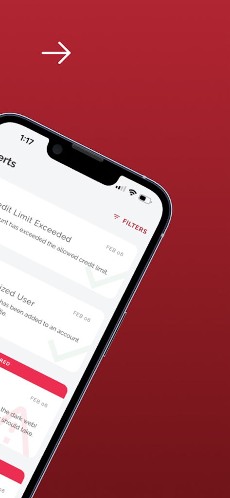 Uma tela de iPhone exibindo vários alertas de identidade e crédito do aplicativo IdentityIQ.