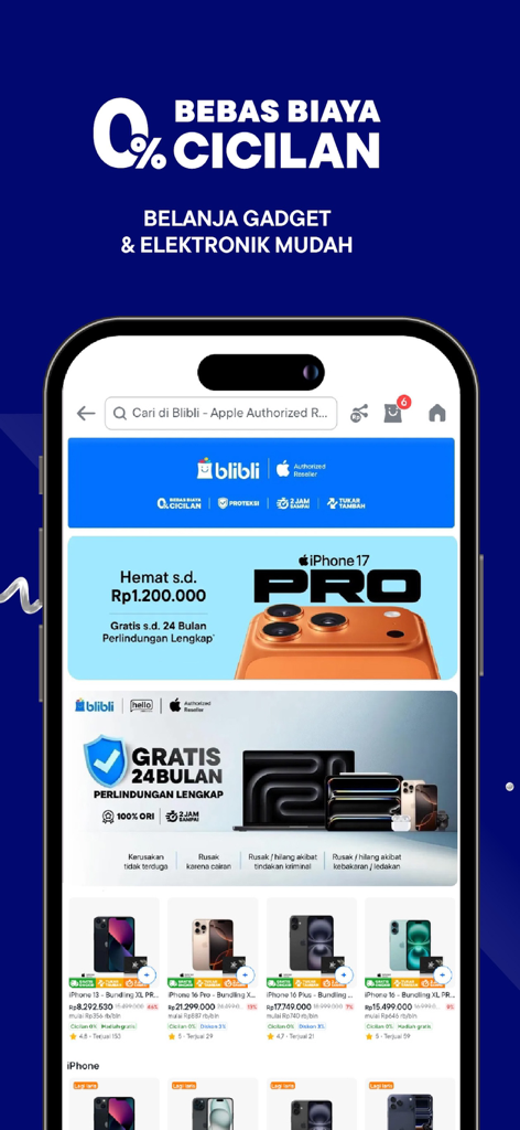 Blibli app electronics section showing iPhones and 0 percent installment plan