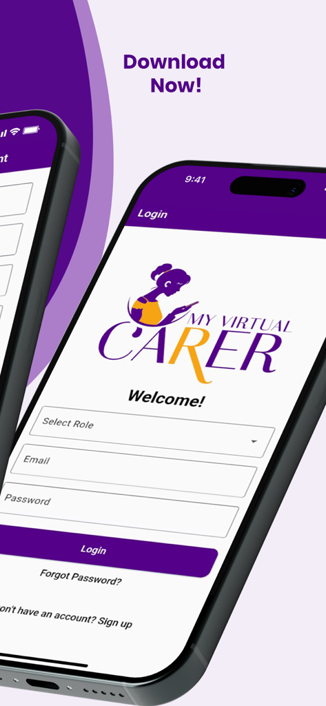 My Virtual Carer - Care App - Login screen of the My Virtual Carer mobile application showing role selection and login fields