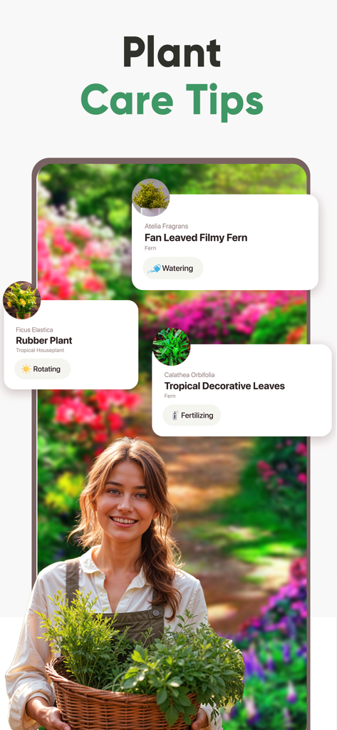Plant ID: Plant Identifier AI - Eine Frau hält einen Pflanzenkorb mit App-Overlays, die Pflegetipps für das Gießen, Drehen und Düngen zeigen.