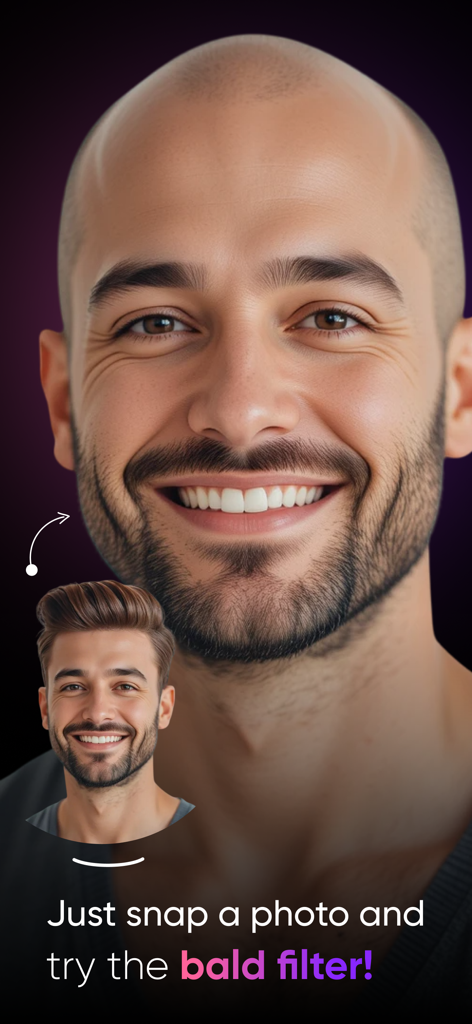 Hair Color Changer : AI Hair - Un hombre probando un filtro realista de cabeza calva con la aplicación AI Hair.