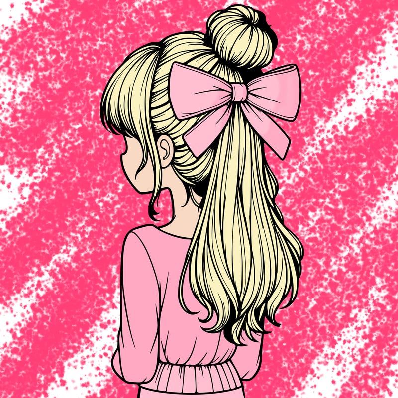 realistic girl  with hip length hair a bun and a big bow on the back of head