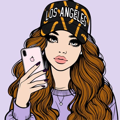 realistic beautiful girl wearing los ángeles cap holding an iphone