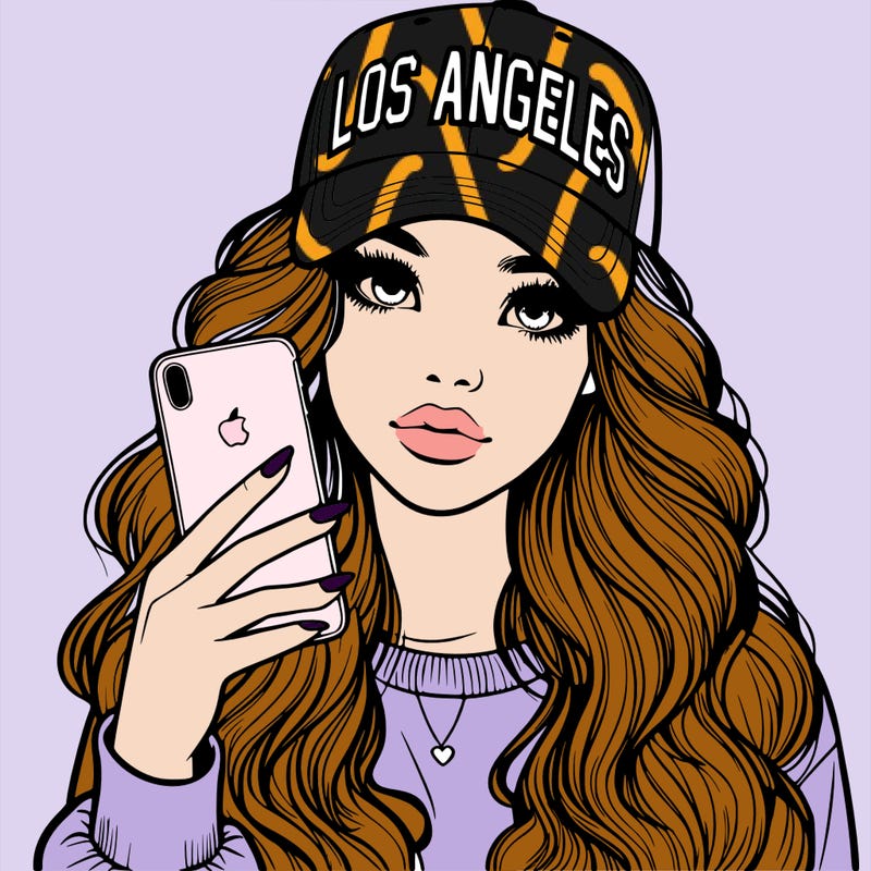 realistic beautiful girl wearing los ángeles cap holding an iphone