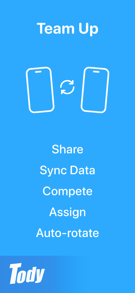 Pantalla de la aplicación Tody que muestra la sincronización y las funciones de colaboración para varios usuarios.