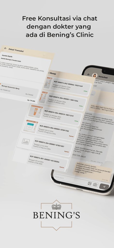 Bening’s : Skincare & Konsul - Interfaz de aplicación móvil mostrando consulta online gratuita de la piel con médicos y recetas digitales