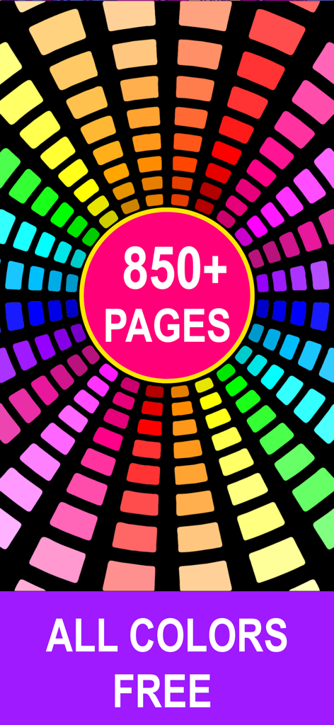 Coloring Book for Adults. - Promotional graphic showing 850 plus free coloring pages and all colors available for free