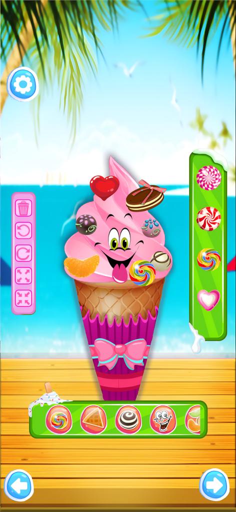 Ice Cream Maker | Cooking Game - Decorando un cono de helado rosa con coberturas y una cara graciosa en un escenario de playa tropical