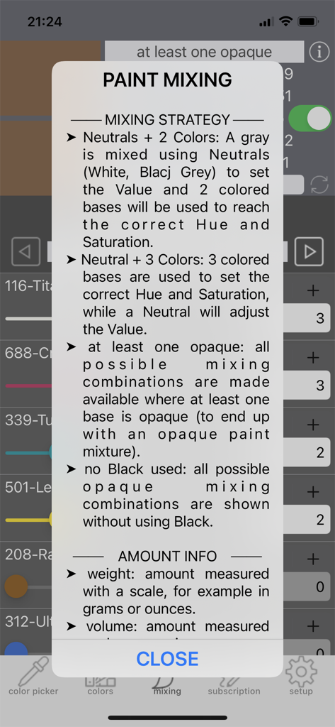 Real Paint mixing tools PRO - Informational popup describing paint mixing strategies and measurement methods in the app