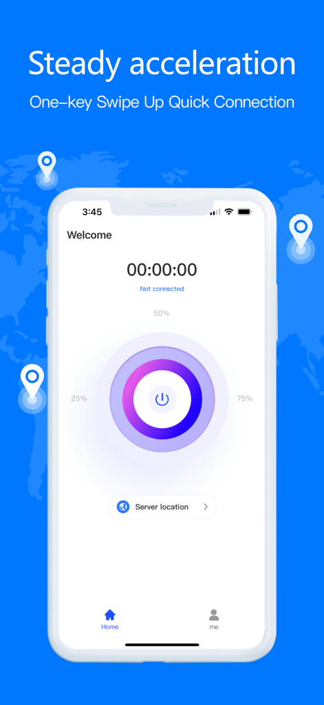 iSharkVPN - Secure & Fast VPN - iSharkVPN mobile app showing one-tap connection button and global server locations on a map background