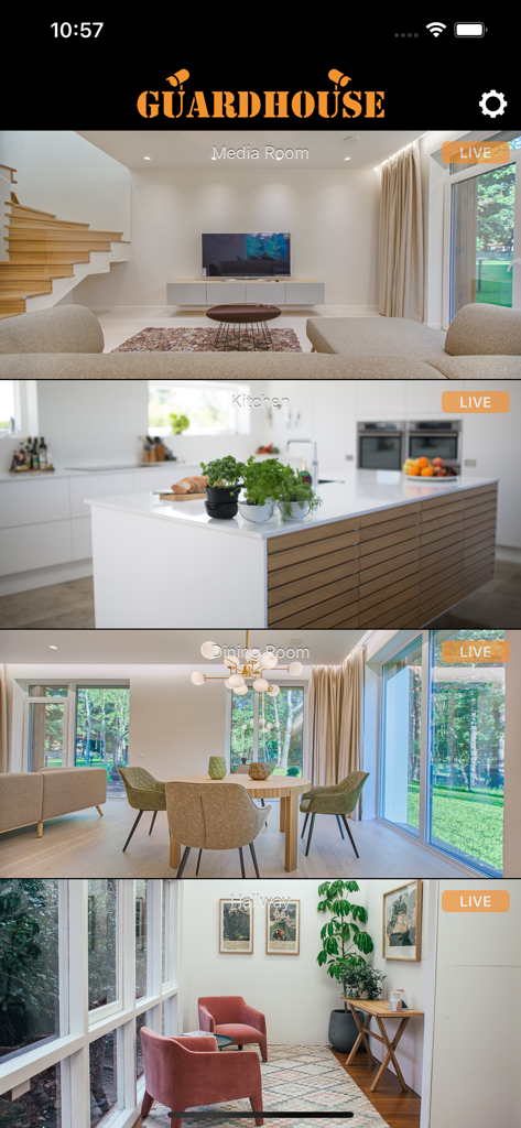 Guardhouse - Guardhouse app interface displaying multiple live security camera feeds from different rooms on an iPhone.