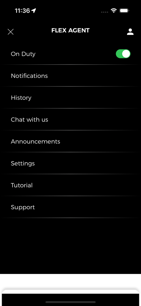 Flex Agents - Flex Agents app sidebar menu showing the on duty status toggle and navigation options for notifications history and settings
