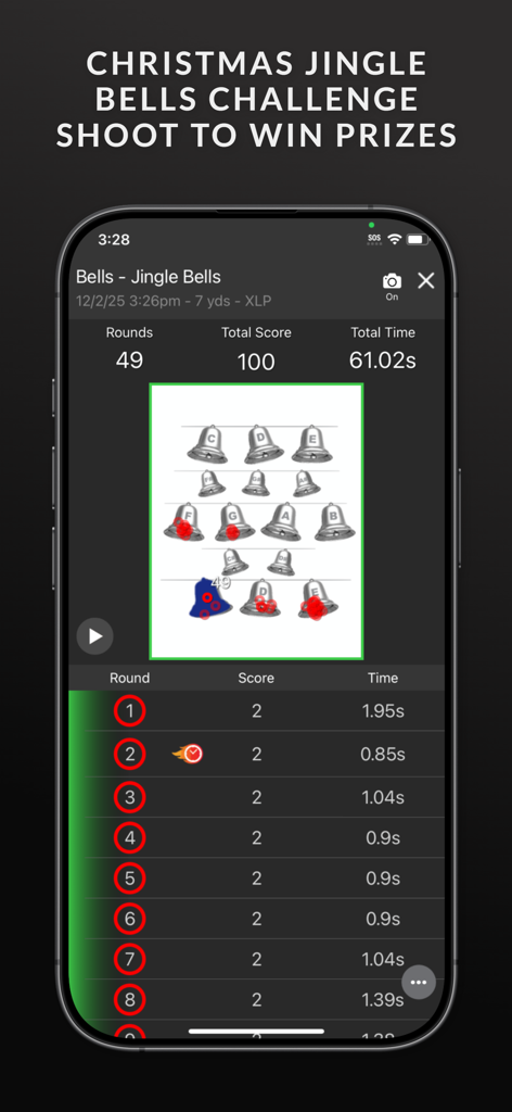 Mantis Laser Academy app screen showing the Christmas Jingle Bells Challenge with shot detection on bell targets and detailed scoring data