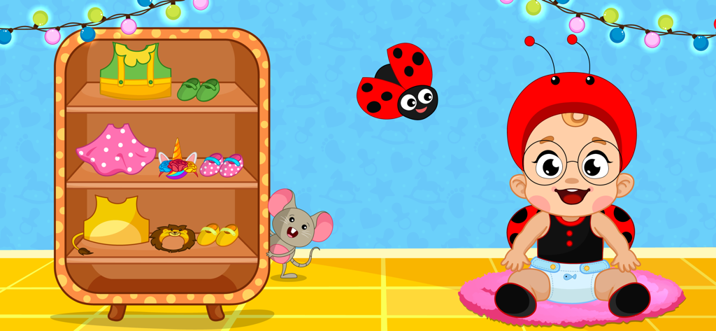 Baby Care Games for Kids 3,4,5 - Un bebé de dibujos animados con un disfraz de mariquita sentado en una guardería junto a un armario con ropa.