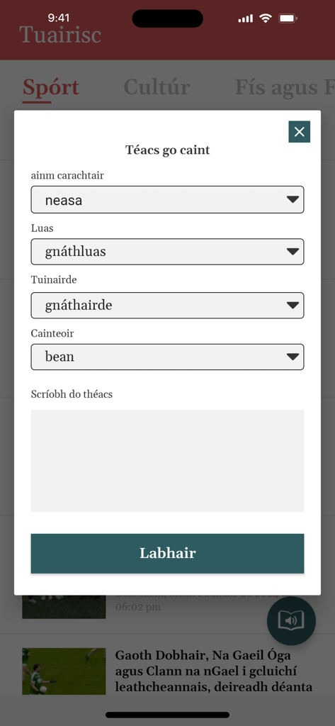 Tuairisc - A pop-up modal in the Tuairisc Irish news app showing text-to-speech options including voice character, speed, pitch, and a text input field.