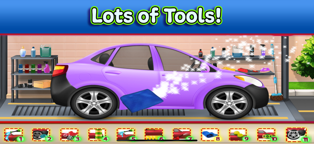 Tiny Car & Truck Wash Games - Cleaning a purple car using various tools in Tiny Car and Truck Wash Games