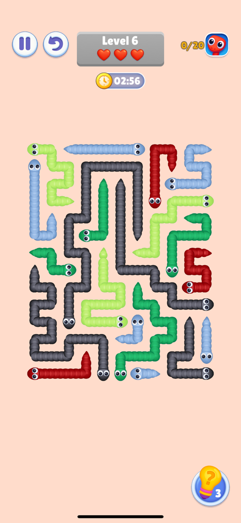 Bakeonix: Snake - Bakeonix Snake gameplay showing a colorful logic puzzle maze with multiple intertwined snakes