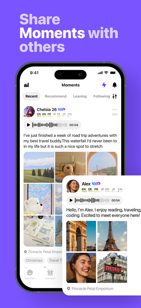 HelloTalk - Language Learning - Tela do aplicativo móvel para HelloTalk mostrando o recurso Momentos onde os usuários compartilham fotos e gravações de voz para intercâmbio de idiomas