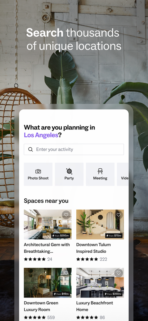 Peerspace mobile app interface showing search options for photo shoots, parties, and meetings with local venue listings.