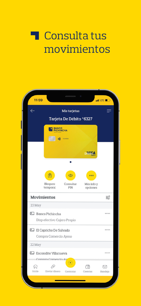 Banco Pichincha España - Banco Pichincha Mobile App, die Debitkartemanagement und Transaktionsverlauf anzeigt