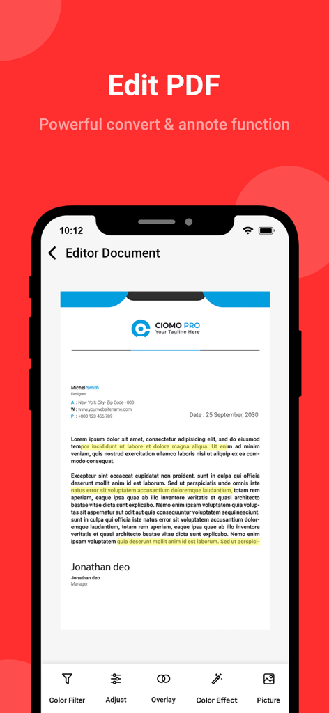 PDF editor interface with text highlighting and document adjustment tools