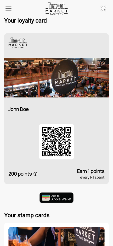 Cape Town Time Out Market - Tarjeta de fidelidad digital en la aplicación Time Out Market Cape Town con un código QR y saldo de puntos.