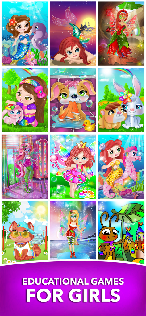 Princess Fairy Puzzle for Kids - A grid of colorful cartoon puzzles featuring princesses, fairies, and mermaids for girls educational games.