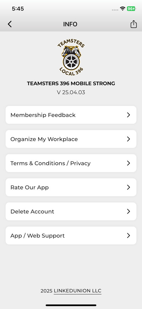 Teamsters 396 - The information screen of the Teamsters 396 mobile app displaying menu options like Membership Feedback and Organize My Workplace.