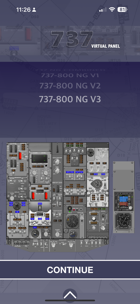 Pantalla de selección de la aplicación Boeing 737 Virtual Panel LITE mostrando varias versiones de cabina del 737-800 NG y una disposición detallada del panel.