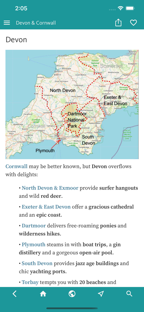 데본 및 콘월 여행 가이드 앱에서 현지 하이라이트를 보여주는 데본 지역 지도