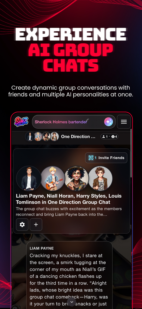 SimZ: Chat with AI Characters - Interfaz de la aplicación SimZ mostrando un chat grupal dinámico con múltiples personajes IA e interacción de rol.