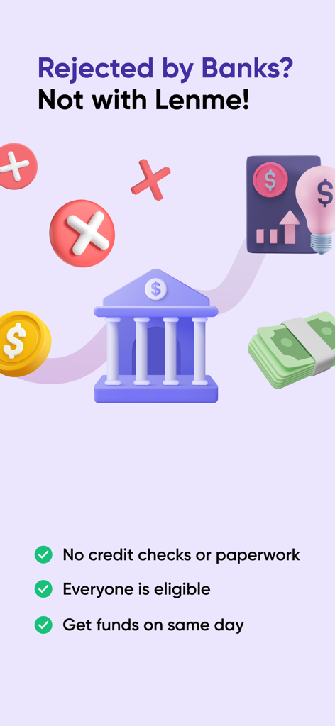 Lenme app screen promoting fast loans with no credit checks as an alternative to traditional banks