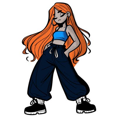 girl in baggy pants crop top and long hair