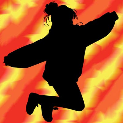 realistic girl jumping with a bun and oversized sweatshirt