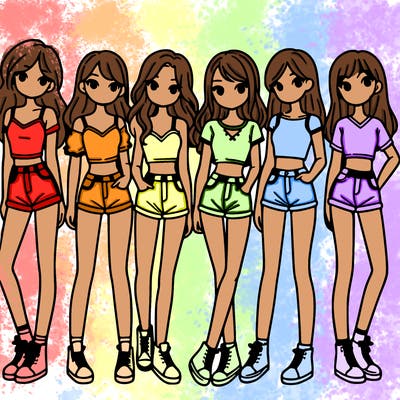 a group of girls wearing crop tops and shorts