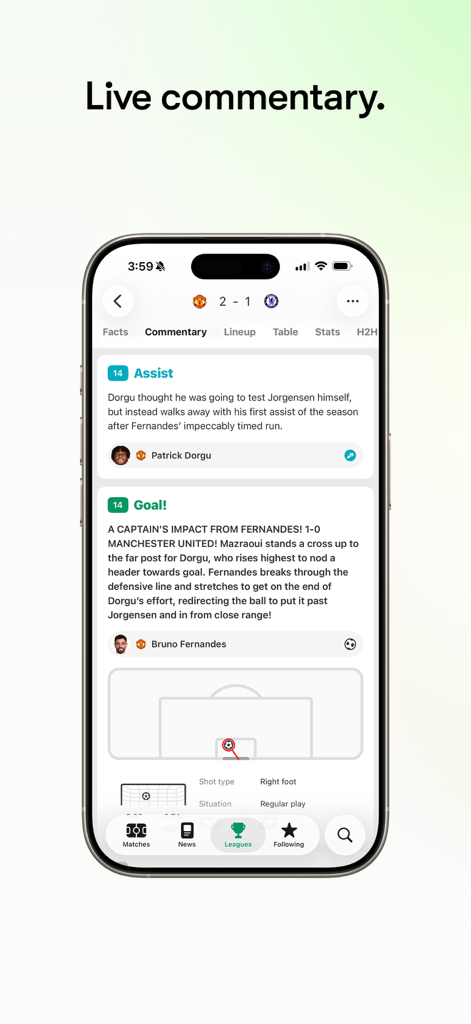 FotMob - Soccer Live Scores - FotMobアプリの画面は、サッカーの試合のライブテキスト解説とシュートマップを表示しています