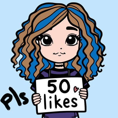 a girl with curly hair holding a sign saying 50 likes with a straight look on her face
