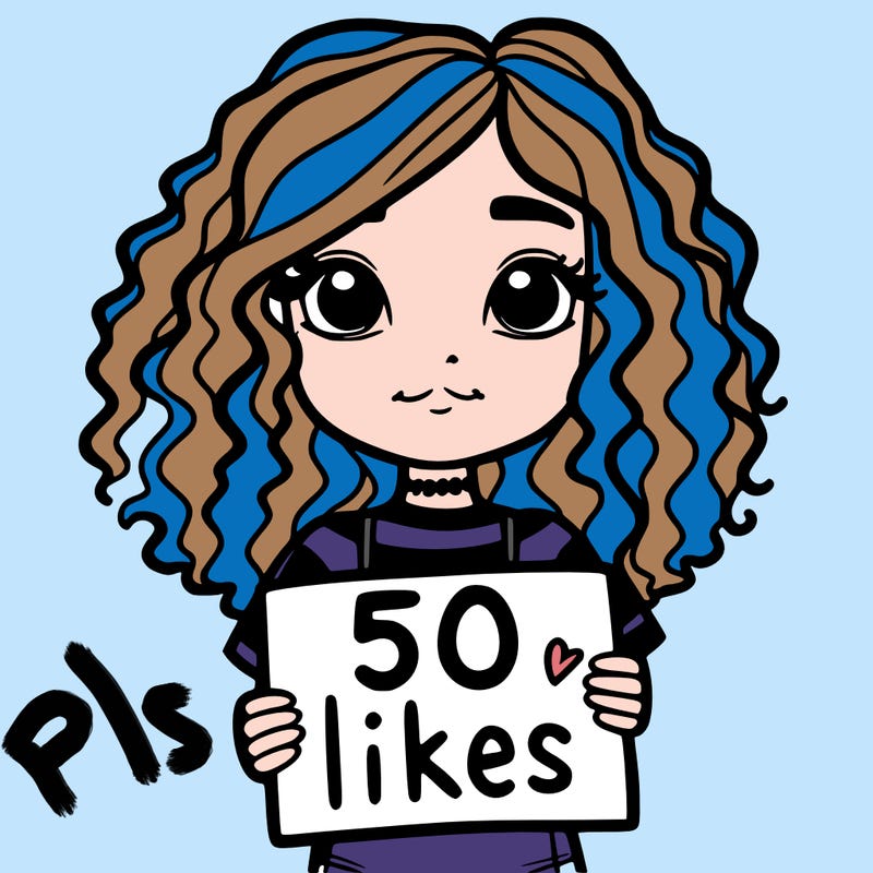 a girl with curly hair holding a sign saying 50 likes with a straight look on her face
