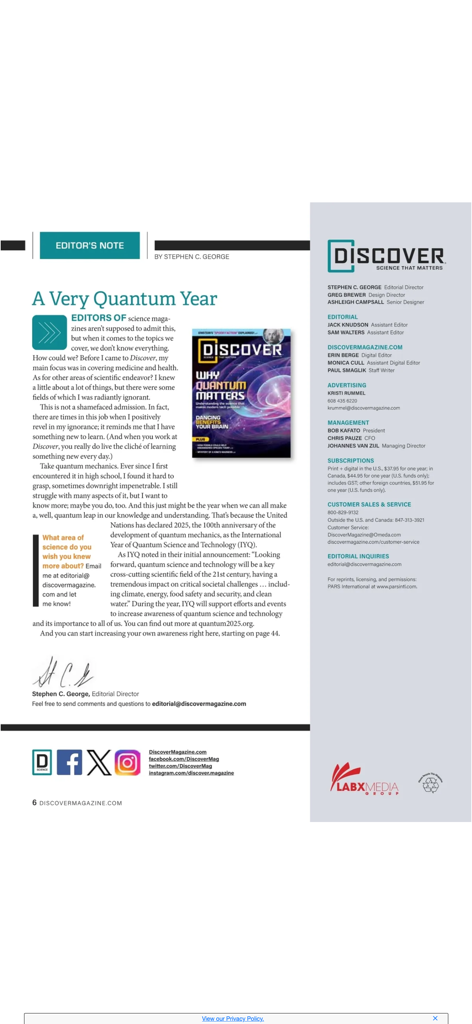 Digital page of DISCOVER Magazine app showing an editors note on quantum physics