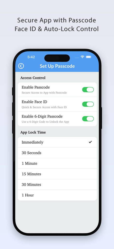 Pantalla de configuración de seguridad en la aplicación NotePad Pro mostrando opciones para código de acceso, Face ID y tiempo de bloqueo automático.