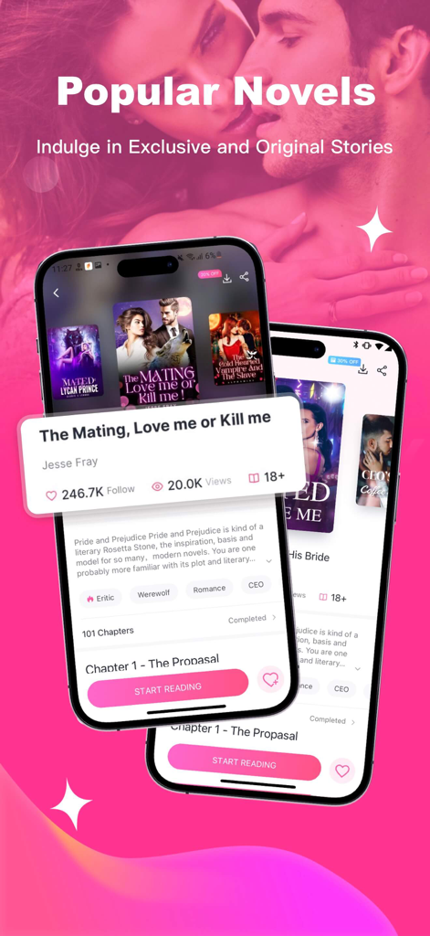 Magfic app interface featuring popular romance and werewolf novels