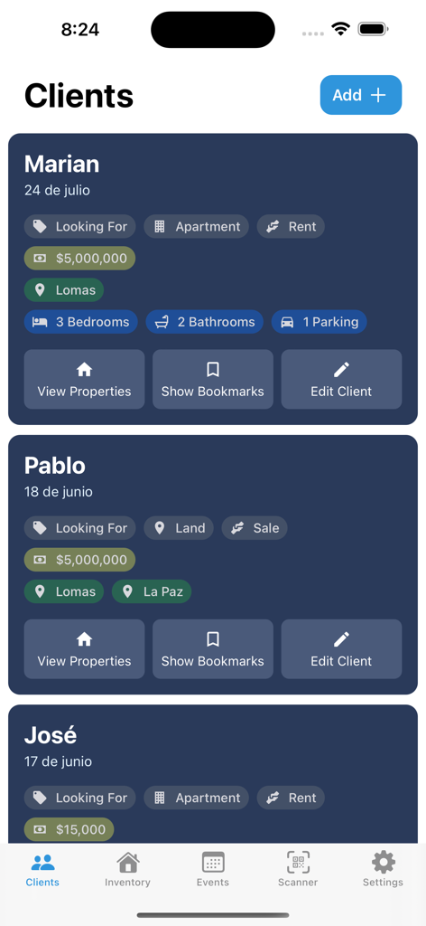 Propia - Panel de la aplicación Propia que muestra una lista de clientes inmobiliarios con sus requisitos de propiedad específicos y filtros de búsqueda.