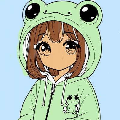 cute realistic girl in a froggy hoodie